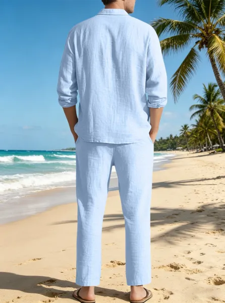 Design Linen Shirt and Drawstring Pants Set White Casual Set - 32