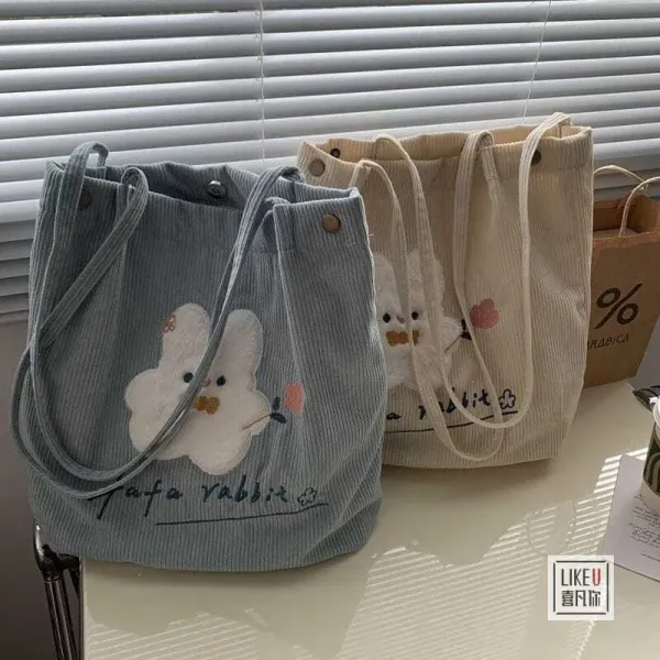 Design Tomato Rabbit Corduroy Tote Bag Beige - 7