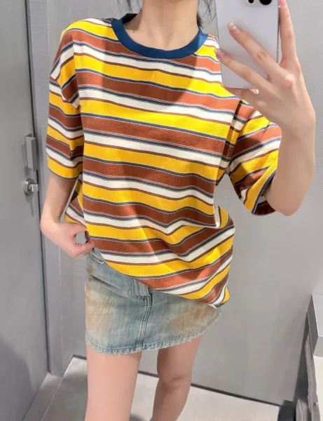 Design Multicolor Striped Ringer Tee with Navy Trim T-Shirt T-Shirts - 13