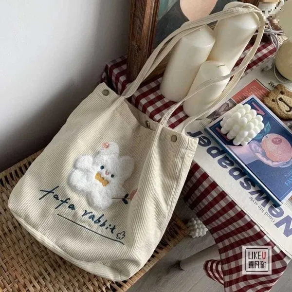 Design Tomato Rabbit Corduroy Tote Bag Beige - 27