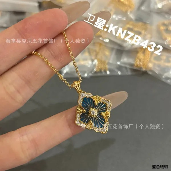 Design Floral Enamel Pendant Necklace in Blue and Gold Jewelry - 1