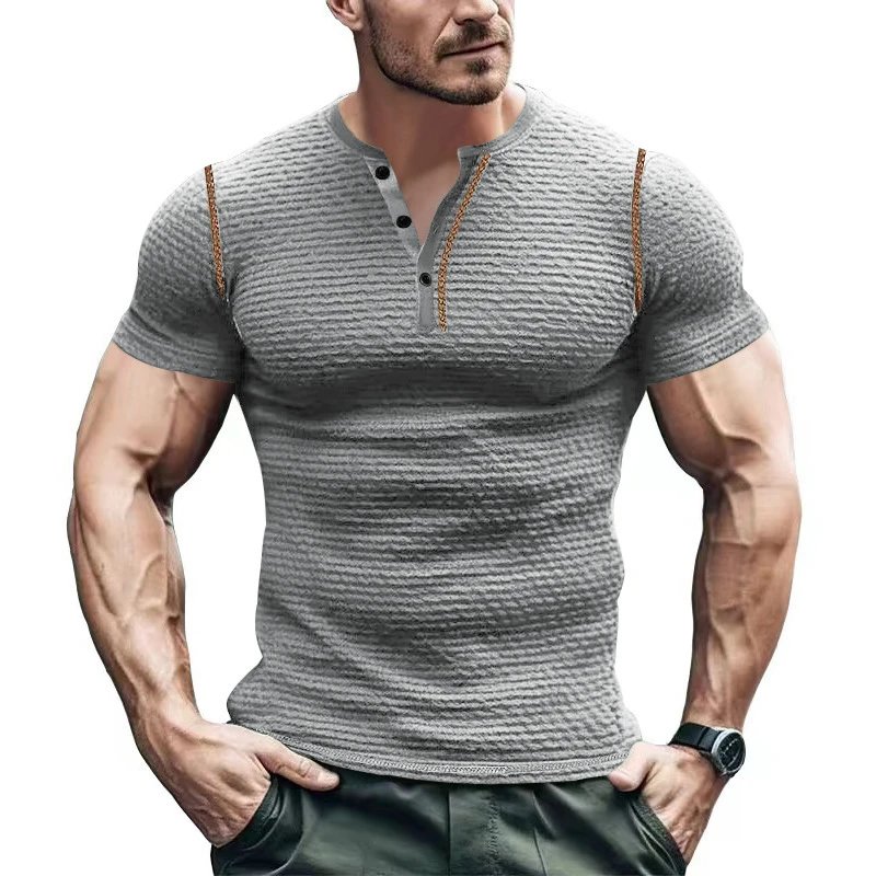 Men's Ribbed Henley T-Shirt Olive Green Athletic Fit