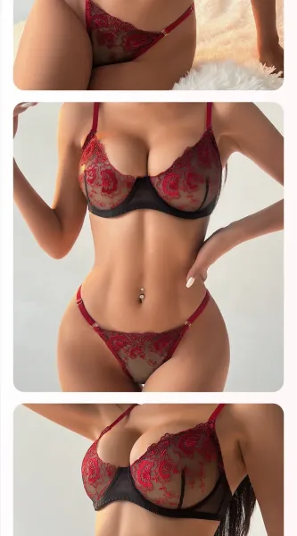 Design Elegant Lace Detailing Red and Black Floral Lace Bra and Thong Set Underwear - 5