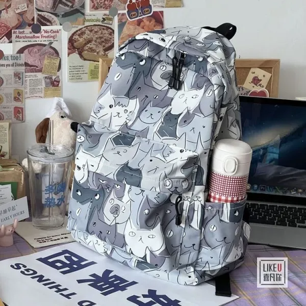 Design Cat Print Gray Multicolor Casual Backpack - 9