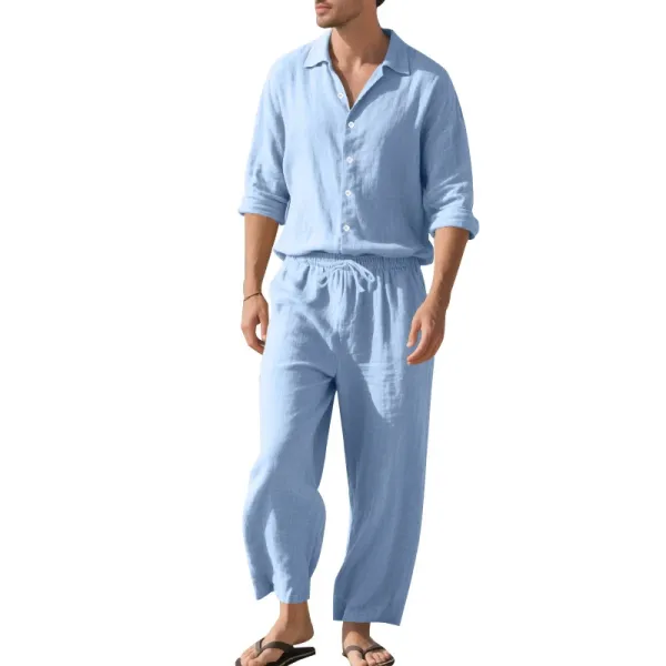Design Linen Shirt and Drawstring Pants Set White Casual Set - 35