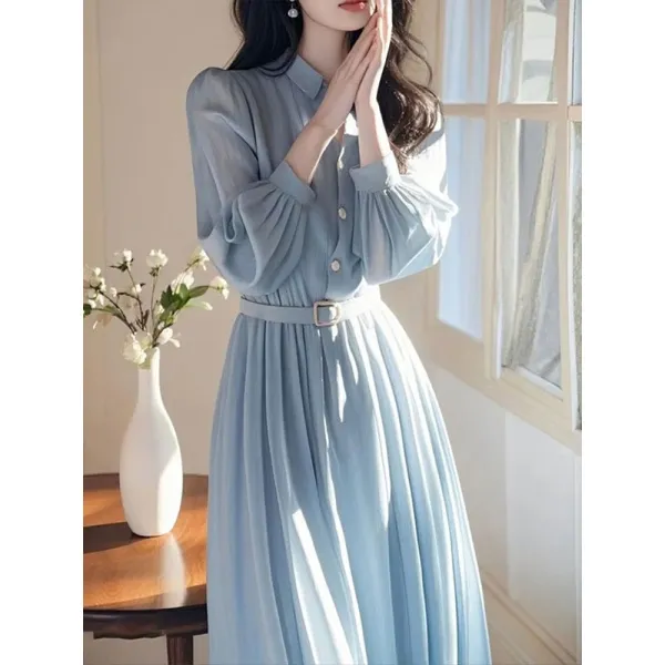 Design Shirt Dress in Dusty Blue with Pleated Skirt and Belt - 8