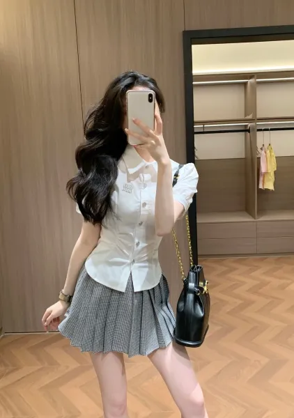 Design Pink Ruched Collar Shirt with Pleated Gray Plaid Skirt Clothing - 8