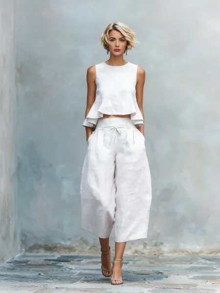 Design Linen Peplum Crop Top and Wide-Leg Culottes Set White - 10