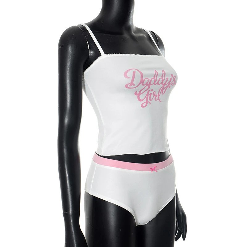 Design Daddy's Girl White Crop Top and Pink Trim Briefs Set Sets - 17