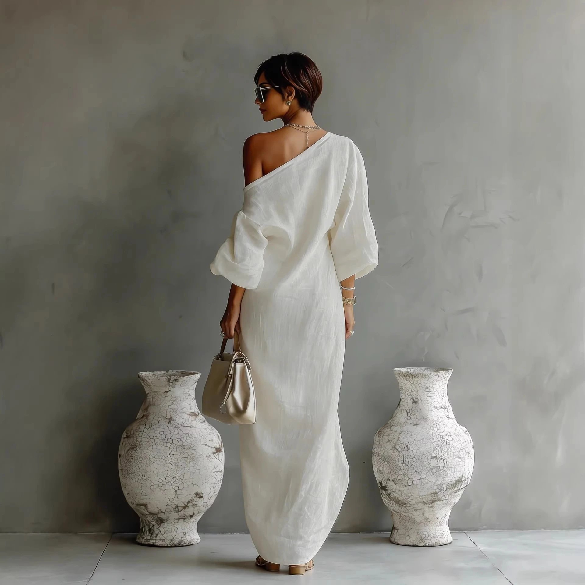 White Linen One Shoulder Maxi Dress