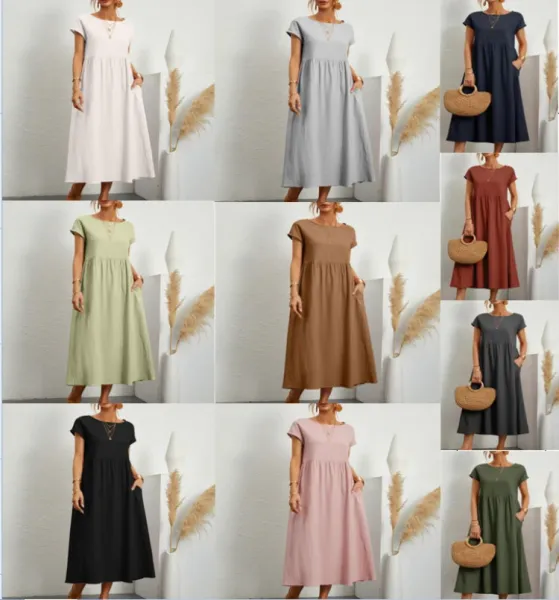 Design Linen Blend Midi Dress in Brown with Pink Trim - 4