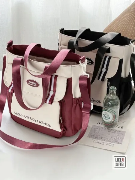 Design FUMIAO Monday Lucy Fashion Tote Bag Burgundy and Cream Tote Bag - 13