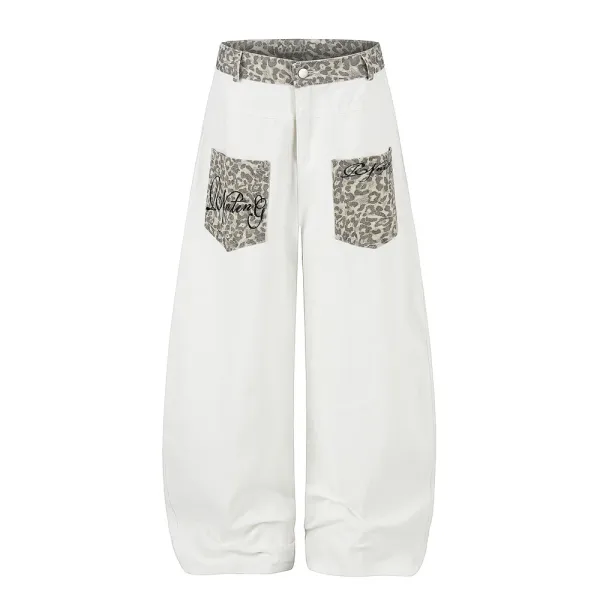 Design Wide-Leg Distressed Denim Jeans with Leopard Print Pockets - 5