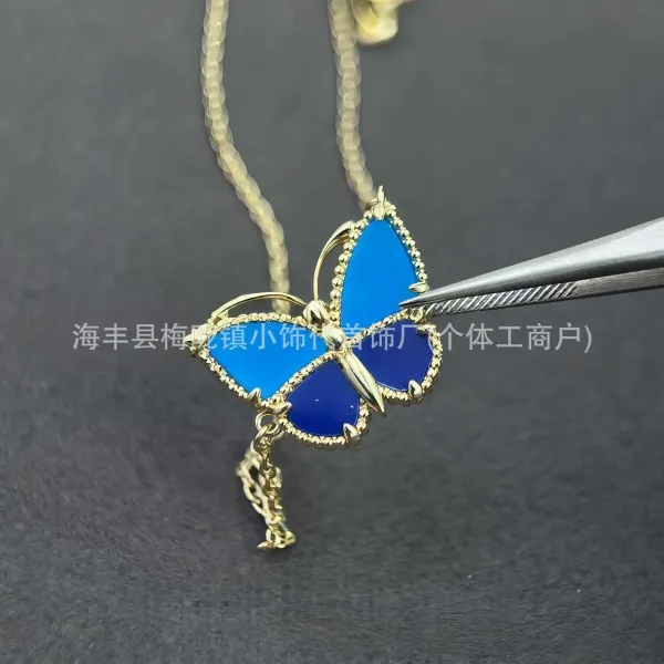 Design Butterfly Pendant Necklace Blue Enamel Gold-Tone Necklace Jewelry - 3