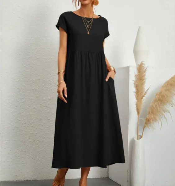 Design Linen Blend Midi Dress in Brown with Pink Trim - 8