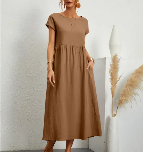 Design Linen Blend Midi Dress in Brown with Pink Trim - 10