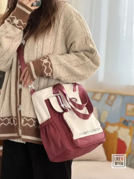 Design FUMIAO Monday Lucy Fashion Tote Bag Burgundy and Cream Tote Bag - 37