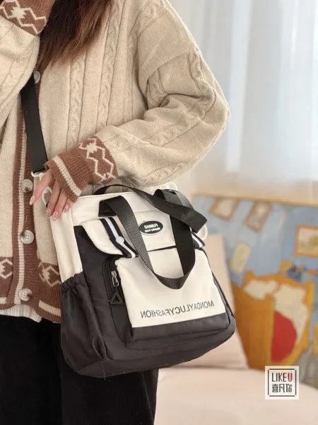 Design FUMIAO Monday Lucy Fashion Tote Bag Burgundy and Cream Tote Bag - 42