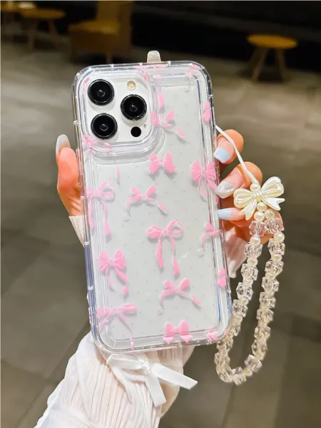Design Clear Bow-Print Phone Case with Pearl Crystal Strap Pink Transparent Phone Case - 2