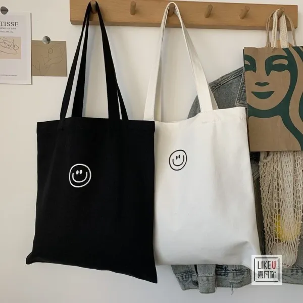 Design Smiley Face Canvas Tote Bag Black - 3
