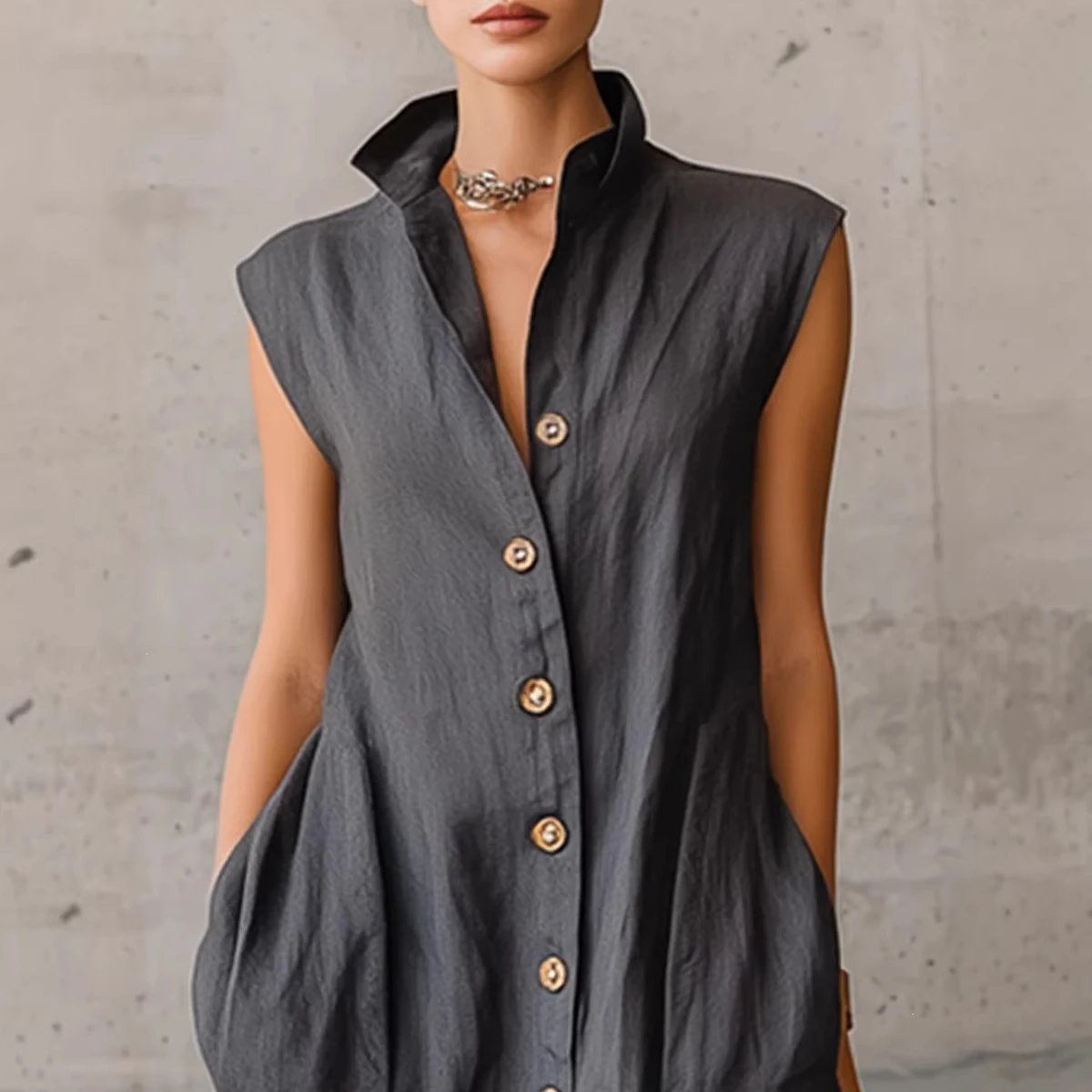Design Sleeveless Button-Front Shirt Dress in Charcoal Gray - 4