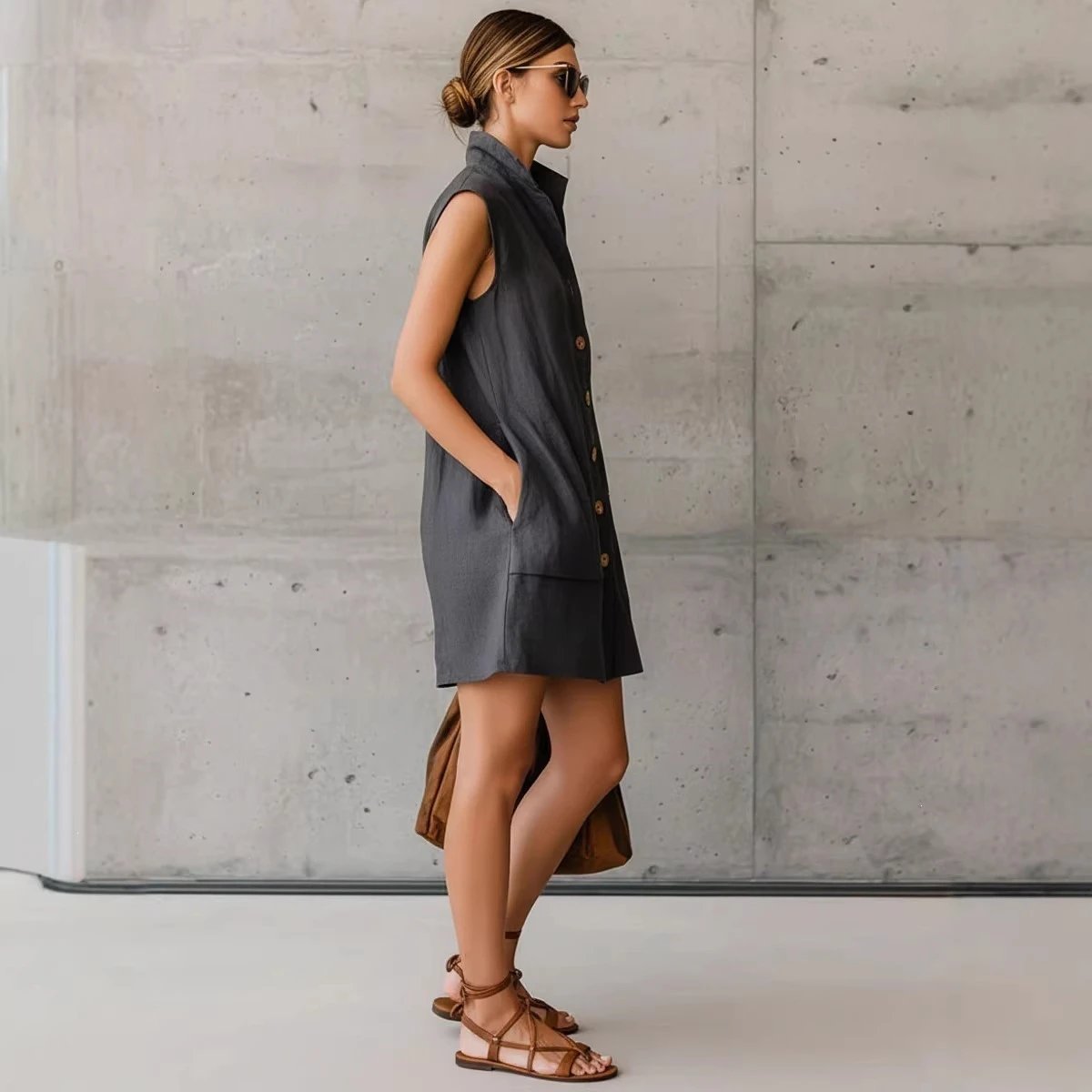 Design Sleeveless Button-Front Shirt Dress in Charcoal Gray - 9