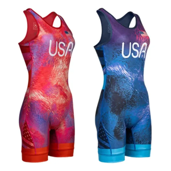 Design USA Wrestling Singlet Red and Blue Gradient Activewear - 1