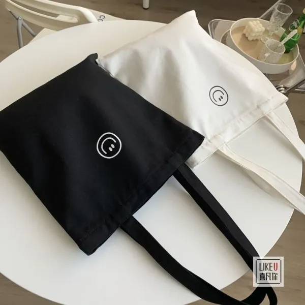 Design Smiley Face Canvas Tote Bag Black - 9