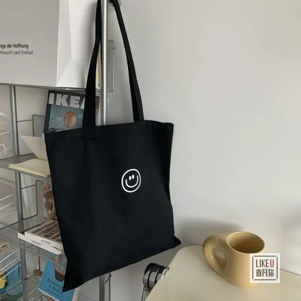 Design Smiley Face Canvas Tote Bag Black - 20