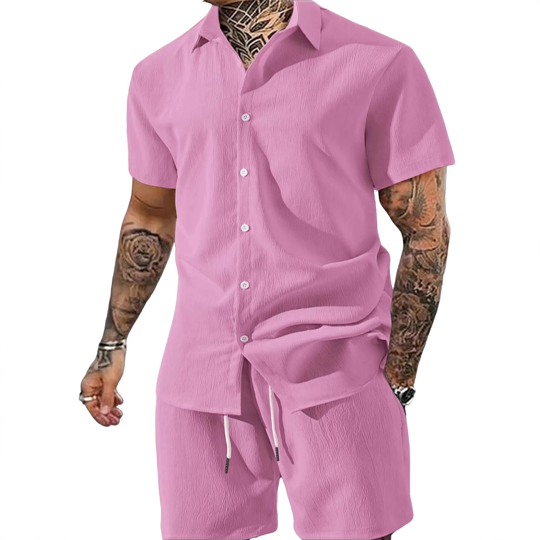 Pink Short Sleeve Button Up Shirt and Shorts Set Casual