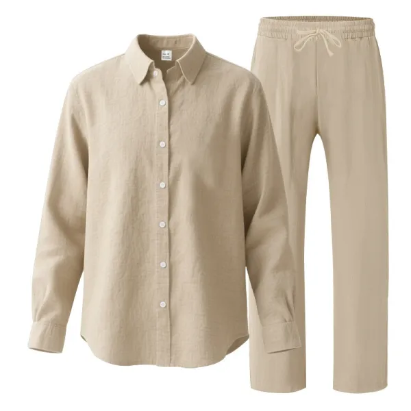 Design Linen Shirt and Drawstring Pants Set White Casual Set - 21