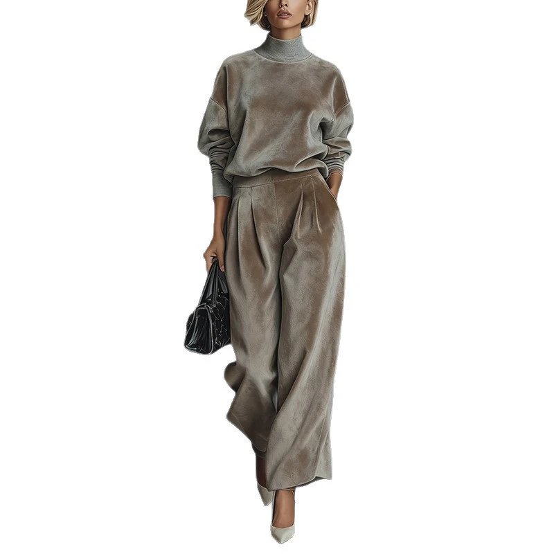 Velvet Turtleneck Sweater and Wide Leg Pants Set Taupe Elegant