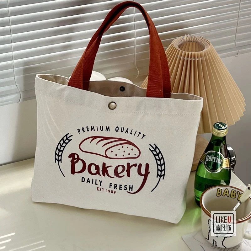 Design Bakery Print Canvas Tote Bag White with Rust Handles Tote Bag