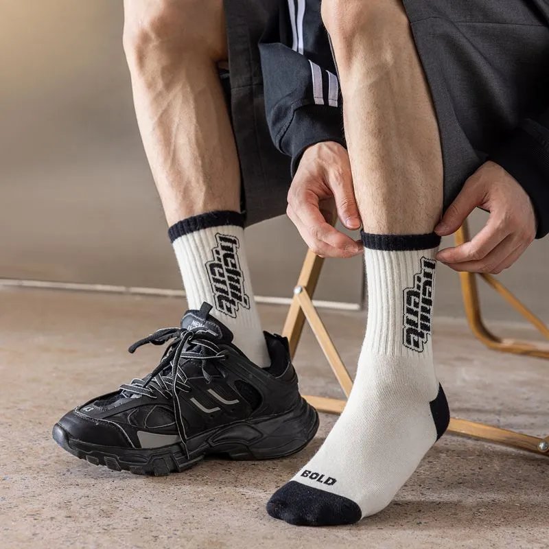 Cotton Crew Socks Black White Graphic Street Style