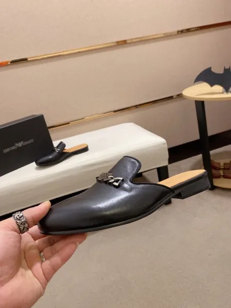 Giorgio Armani Eagle Logo Black Leather Mule Slippers - 2