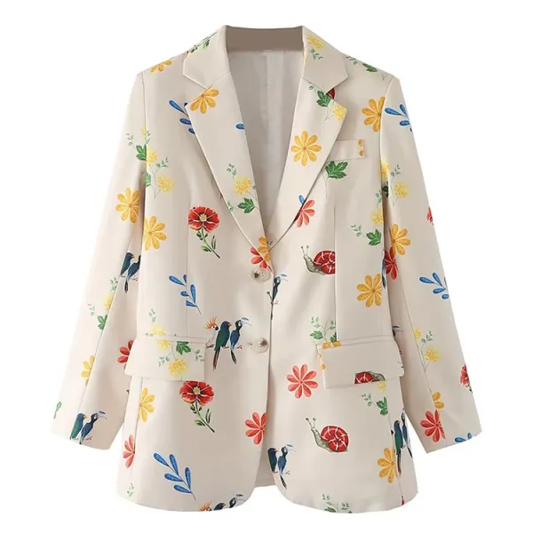 Design Floral Print Beige Blazer Outerwear Blazer - 5