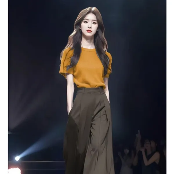 Design Knit Short-Sleeve Top in Lime Yellow and High-Waisted Wide-Leg Pants in Black Clothing - 7