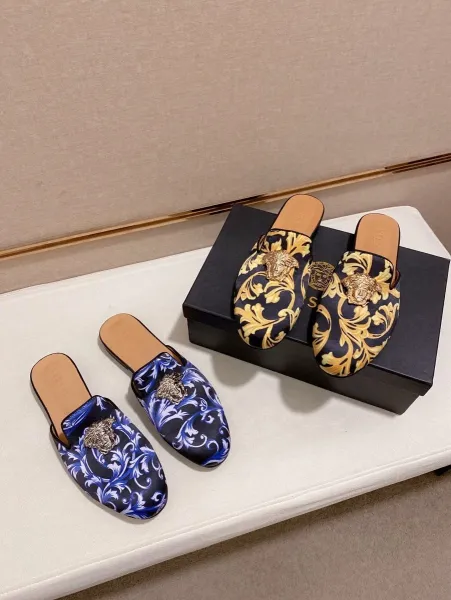 Versace Barocco Print Medusa Loafer Mule Navy Gold Shoes - 7