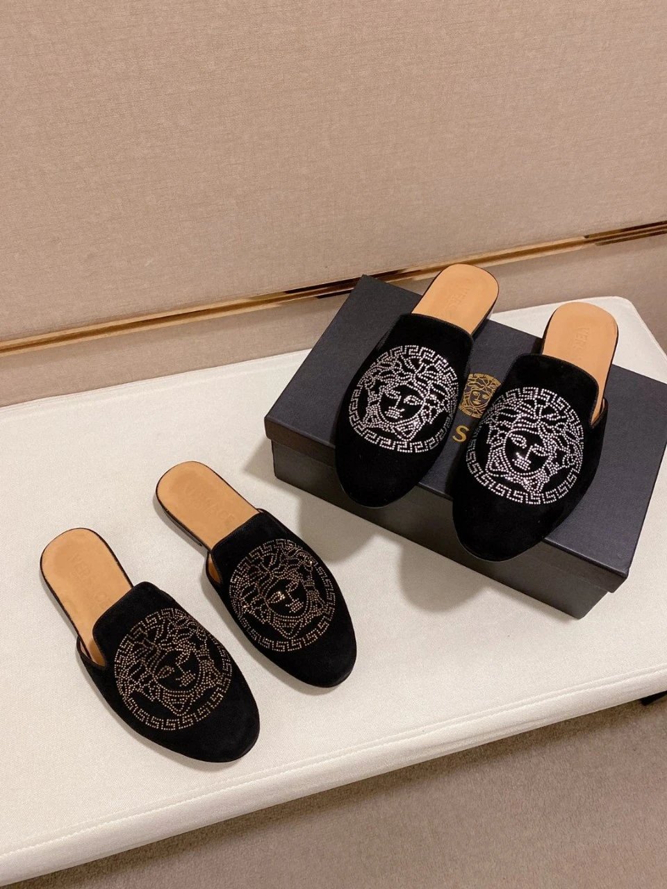 Versace Medusa Crystal-Embellished Black Suede Mule Loafers - 7