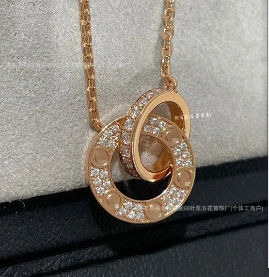 Cartier Love Double Interlocking Circles Rose Gold Diamond Necklace Jewelry
