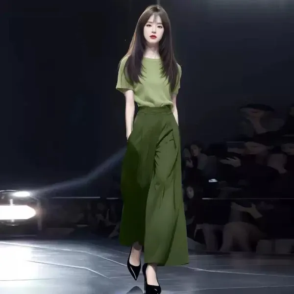 Design Knit Short-Sleeve Top in Lime Yellow and High-Waisted Wide-Leg Pants in Black Clothing - 15