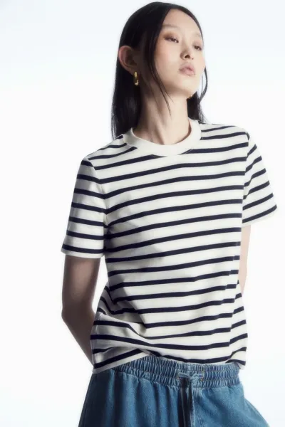 Design Striped Crewneck T-Shirt Navy and White - 5