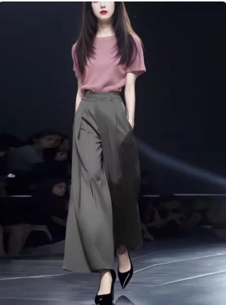 Design Knit Short-Sleeve Top in Lime Yellow and High-Waisted Wide-Leg Pants in Black Clothing - 19