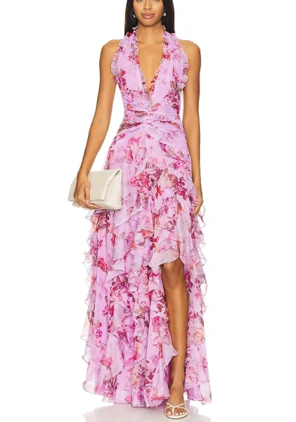 Design Floral Ruffle Halter Gown Lilac Pink Dress - 9