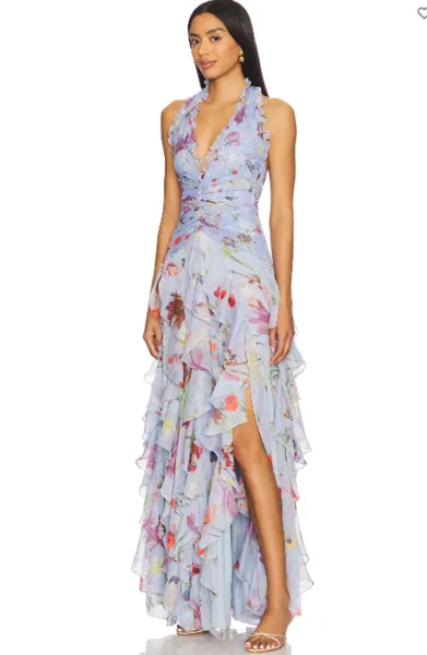 Design Floral Ruffle Halter Gown Lilac Pink Dress - 16