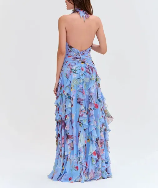 Design Floral Ruffle Halter Gown Lilac Pink Dress - 23