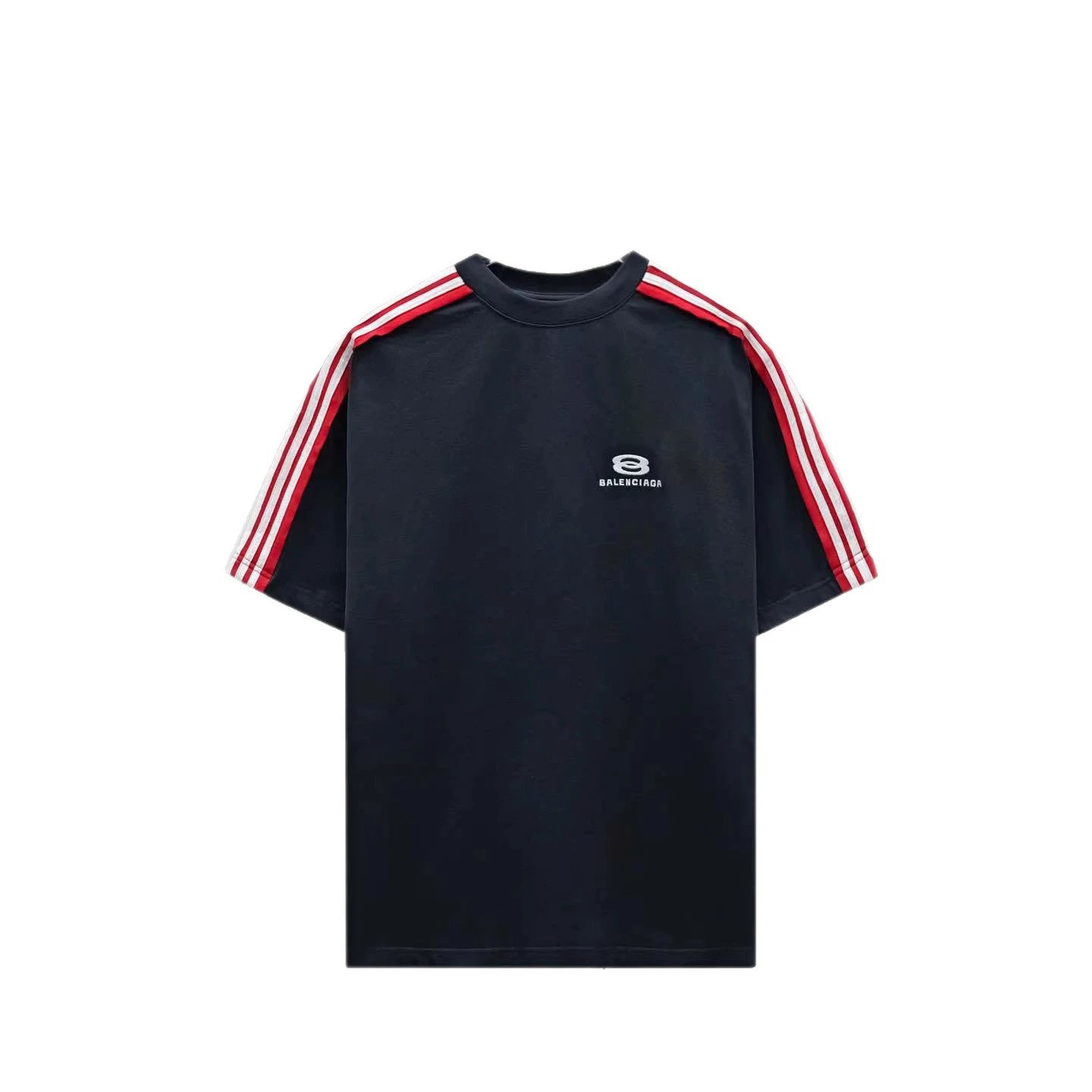 Balenciaga Logo Stripe Navy White Grey Purple Casual T-Shirt