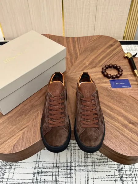 Design Santoni Brown Suede Knit-Neck Sneakers - 1