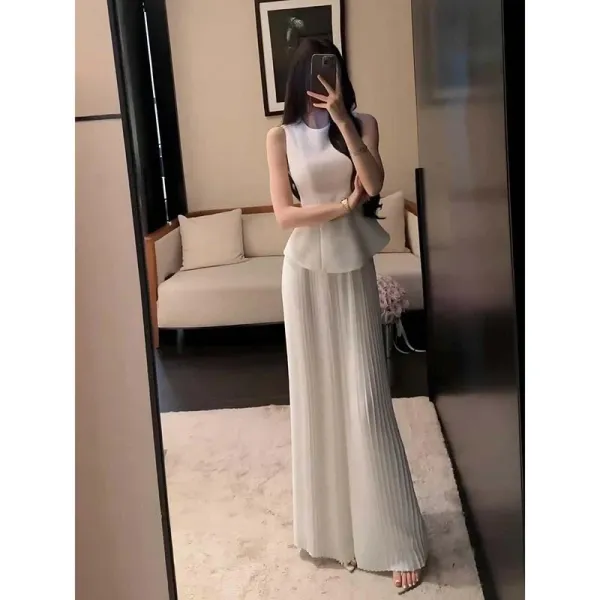 Design Peplum Waist High-Neck Pleated Maxi Dress White - 5