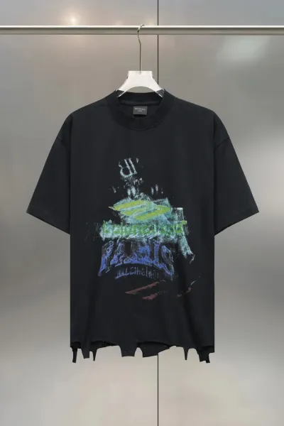 Balenciaga Distressed Graphic Print Black T-Shirt - 1